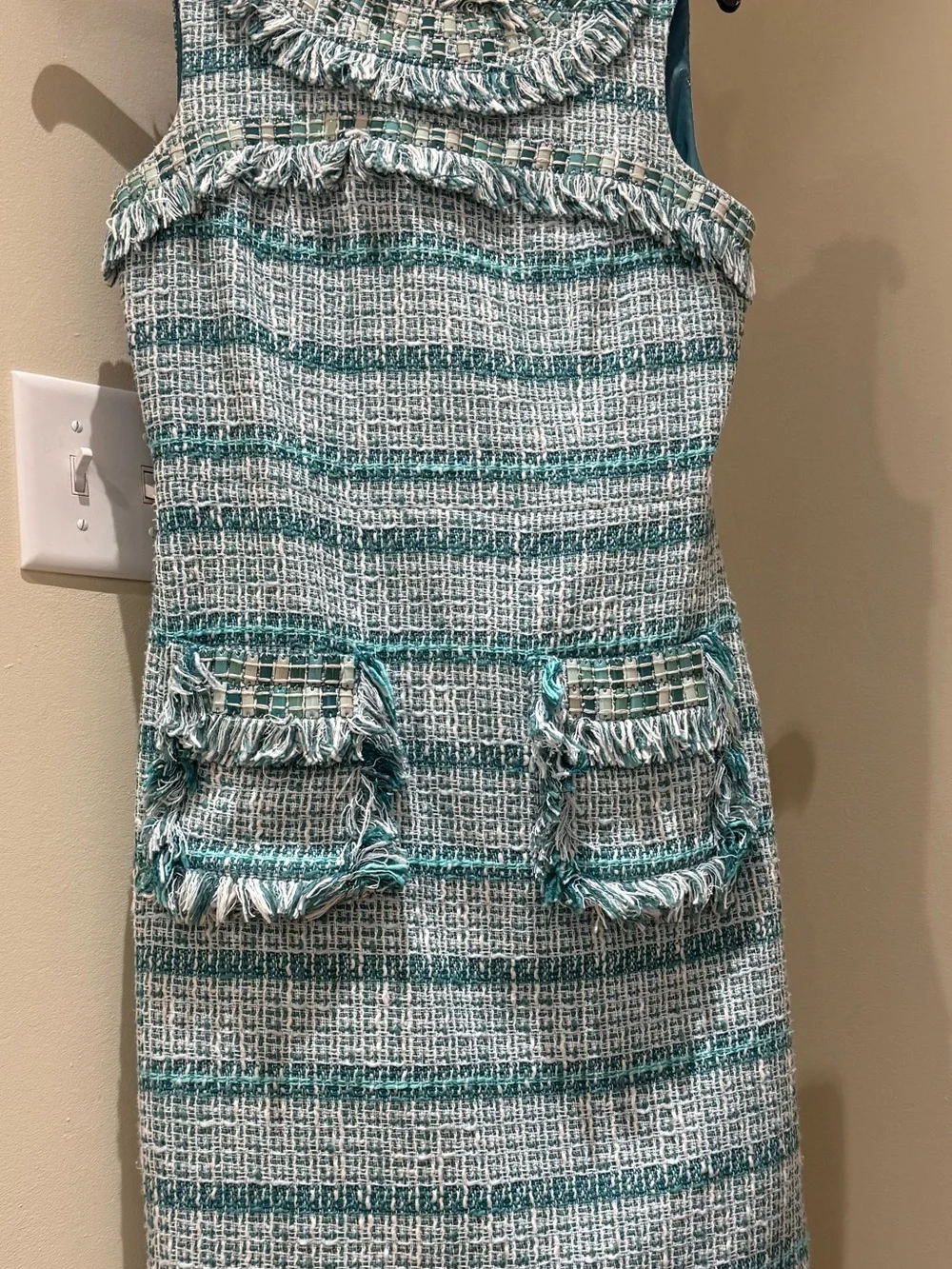 Tory Burch Tweed Fringe Shift Dress Turquoise White Size 0 sleeveless
